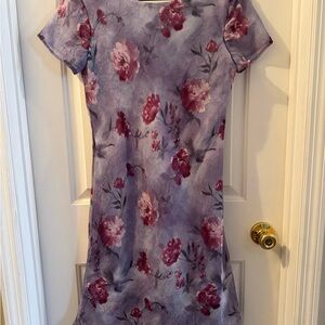 Vintage Lavender Midi Dress with Pink Floral Print